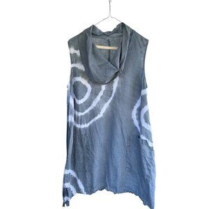 Linen Tie Dye Sleeveless Tunic Dress Gray White Cowl Neck Lagenlook Eco Small